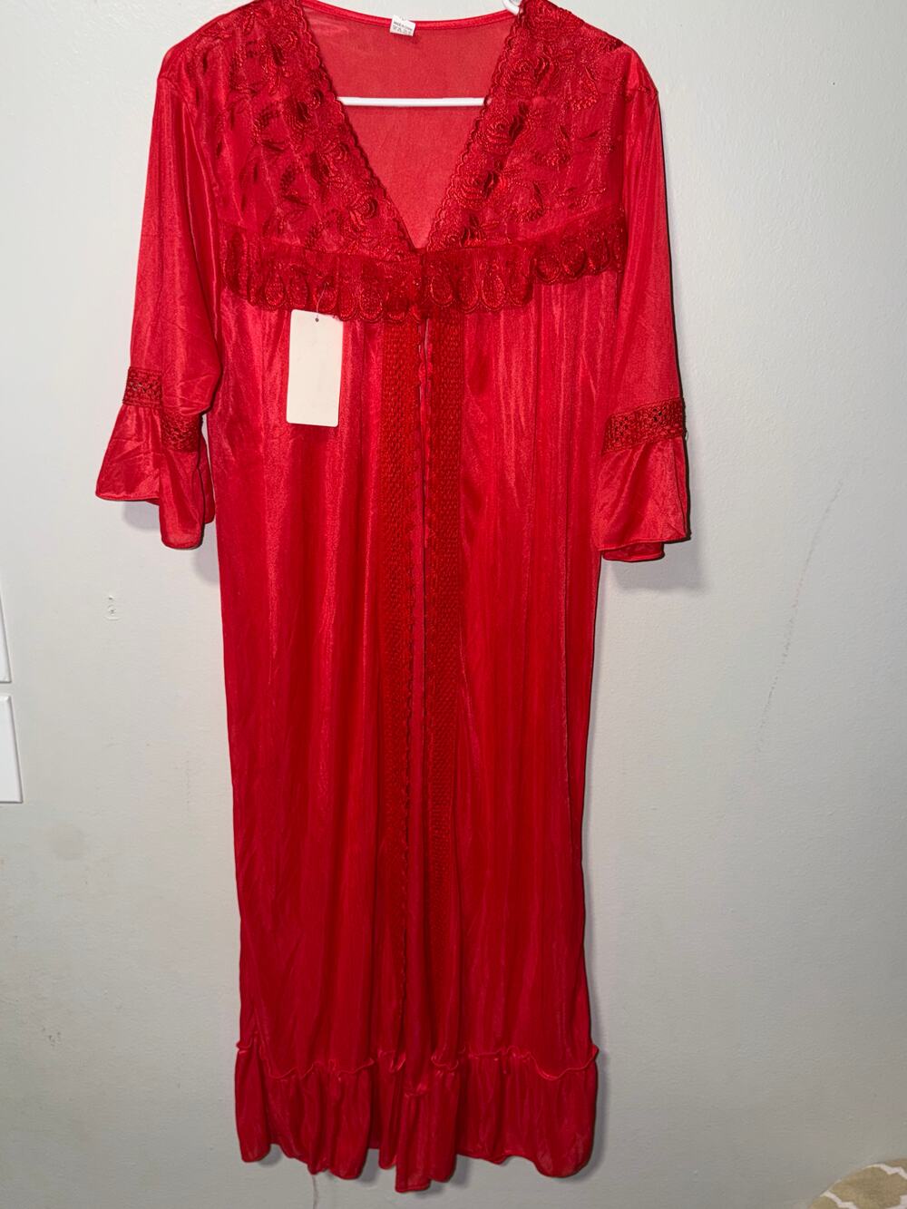 Red Embroidered Lace Nightgown V-Neck Bell Sleeves Ruffle Hem